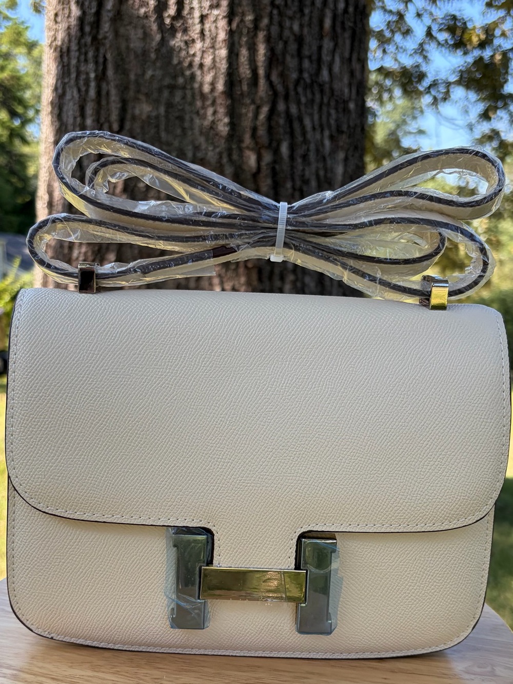Silver Hardware Cream Shoulder/Crossbody bag with H closure